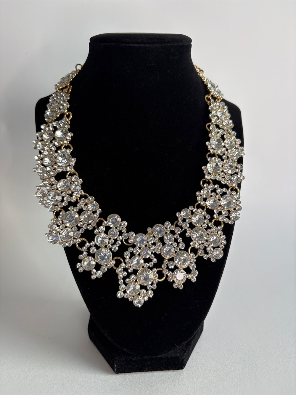 Gold Crystal Statement Necklace Bold Clear Sparkle Women Jewelry